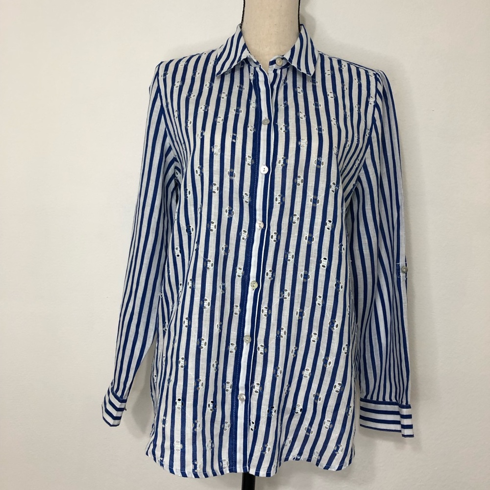 Chico’s Blue Stripped Linen Button Down Shirt